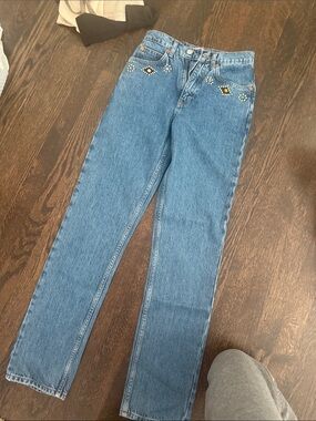 Re/Done Blue Straight Leg Jeans with Beaded Pocket Accents